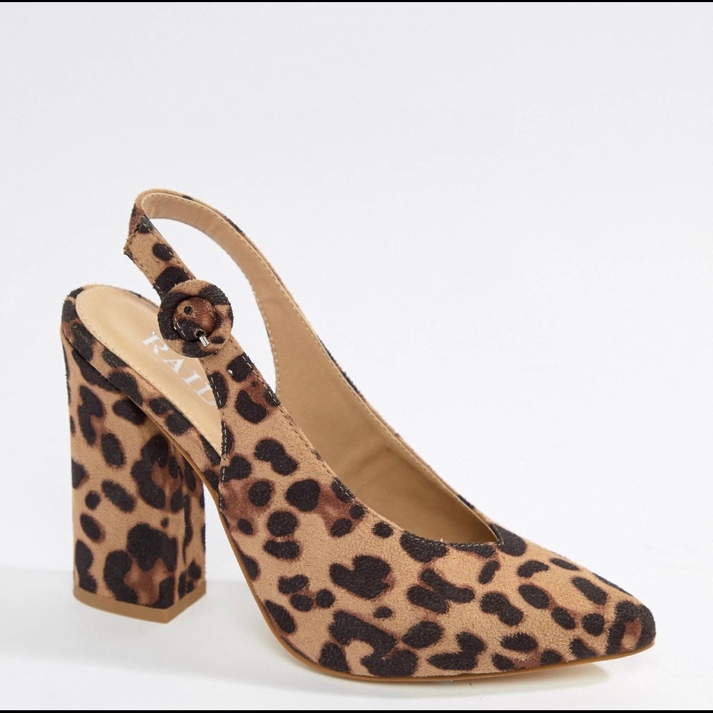 ASOS RAID Leopard Slingback Block Heels – Pointed Toe Animal Print (Size 8)